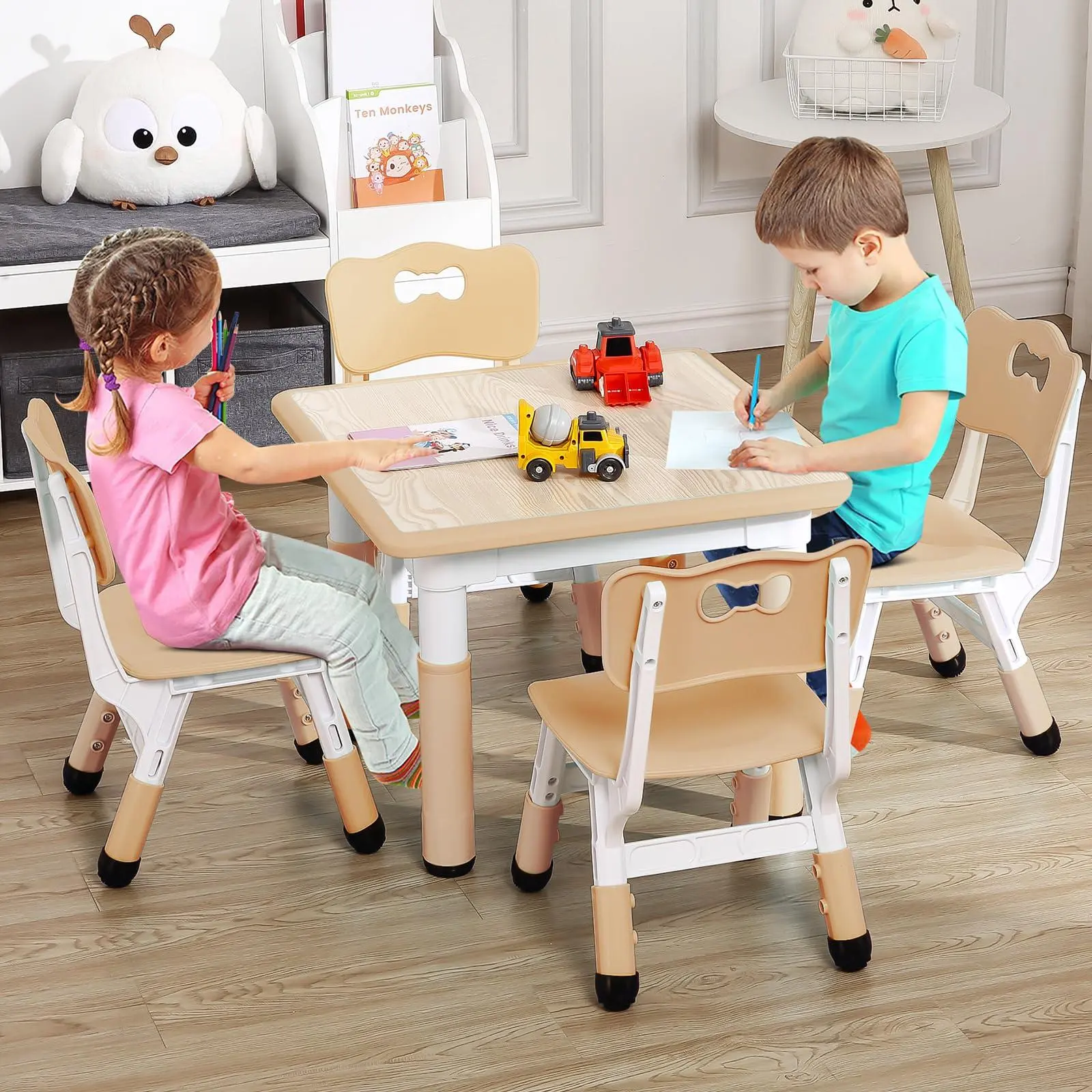 GAOMON Kids Table and Chairs Set, Height Adjustable Desk with 4 Seats for Ages 2-10,Arts & Crafts Table,Graffiti Desktop, Non-Slip Legs, Max 300lbs, Children Multi-Activity Table for Classrooms,Daycares,Home