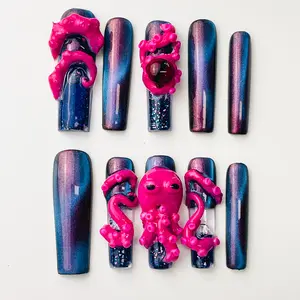 DiDazzle Fantasy Octopus Aquarium 1.7inch Press - On Nails 3D Tentacle Design with Galaxy Shimmer；water nails