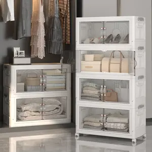 2/3/4/5-tier 19.6inch foldable plastic storage cabinet with doors and wheels, suitable for large-capacity stacked storage in bedrooms, living rooms, and kitchens—high-quality, space-saving design, easy to assemble, transparent doors, magnetic closure.