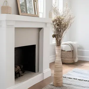 16" Tall Floor Vase for Pampas Grass,White Brown Ceramic Centerpiece for Dresser, Skinny Pampas Grass Vessel for Floor, Entryway Table, Fireplace Decor