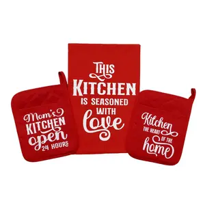 This Kitchen is Seasoned With Love Mom's Kitchen Heart Of The Home 3-Piece Tea Towel & Pot Holders Set Gift Choose Colors
