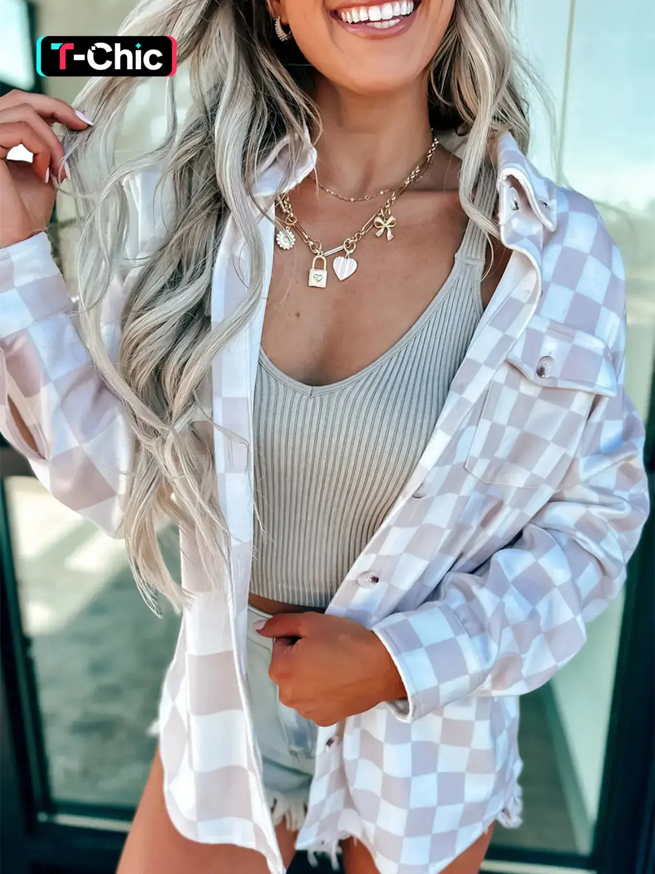 Plaid Checkerboard Button Front Collared Shirt Jacket Shacket, Plaid Print Jacket, Casual Fitted Long Sleeve Outerwear, Men's Fashion Coat with Pockets, casual collared coats, Fall & Winter Clothing, Womenswear Tops