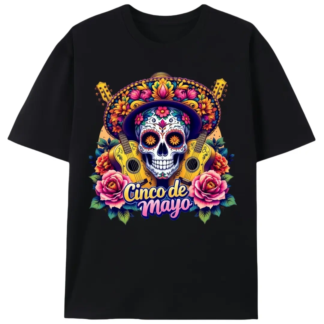 Mexican Sugar Skull With Guitars Cinco de Mayo T-Shirt, Unisex Fiesta Streetwear Graphic Tee, Calavera Gift Casual Shirt for Men & Women new garments Need Cigarette