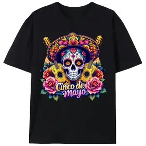 Mexican Sugar Skull With Guitars Cinco de Mayo T-Shirt, Unisex Fiesta Streetwear Graphic Tee, Calavera Gift Casual Shirt for Men & Women new garments Need Cigarette