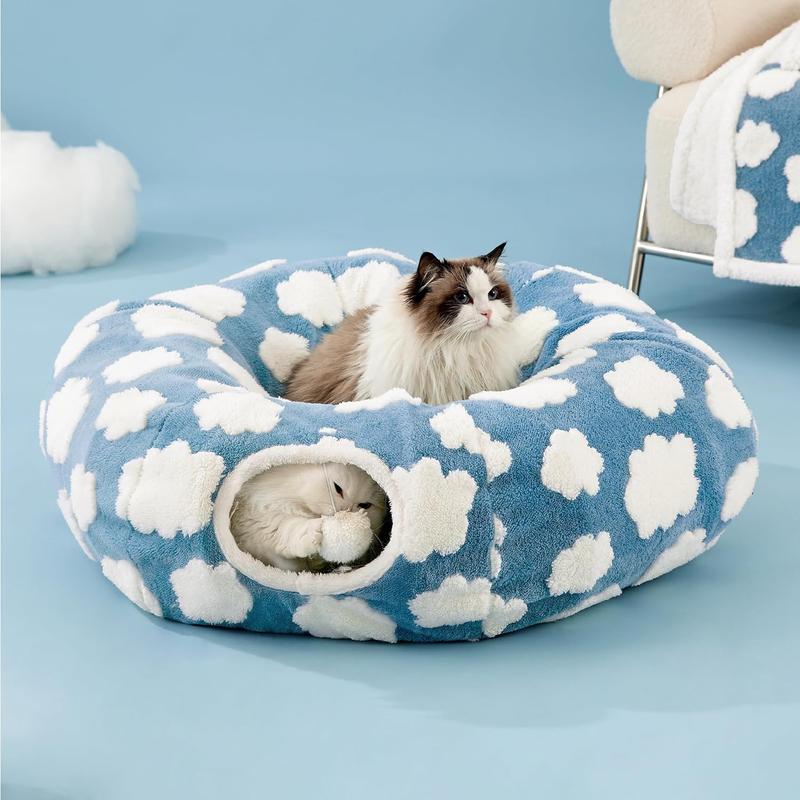 Lesure Cat Tunnel Bed for Indoor Cats - Warm&Cozy Cute Cat Donut Tunnel with Washable Circle Cushion, Under Christmas Tree, Round Pet Play Tunnel Toy for Kitten/Puppy/Rabbit, Peekaboo Cave Toy, Cool Cat Stuff, Perfect for Autumn & Winter Calming