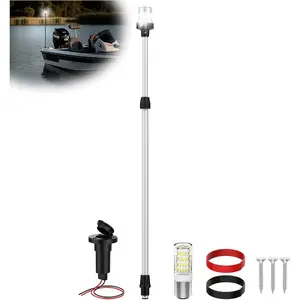 Waterproof 3NM 360° All Round LED Boat Stern Anchor Navigation Light, 28"-48" Telescoping Pole with Base & Extra Bulb, Marine Light for Pontoon Fishing Bass Boats