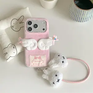 Cute Autumn and Winter Cartoon Plush Rabbit Angel Wings Phone Case, Compatible With iPhone 17, 16, 15, 14, 13 Pro Max, with Strap Protective Cover Accessories Casing, Phone Protector Cover Phone Accessory
