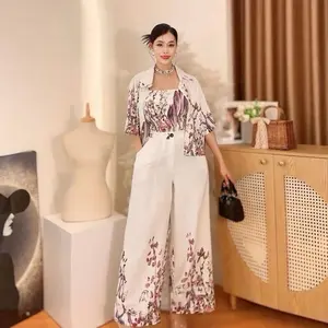 Coords 3 Set Mango Silk One Size Fit S to L Floral Print High-Waisted Pants & Top Set for Women Soft Breathable Premium Material - Womenswear, Bra