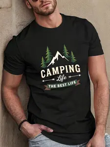 Men' Lightweight All-Season Camping T-Shirt - Outdoor Tee with Pine Tree & "Camping Life" Print Short Sleeve Crew Neck Shirt for Hiking Road Trips Casual Wear - Ideal Gift for Lovers (Regular Fit)