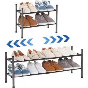 Expandable Shoe Rack, Stackable Rack for Closet, Small Organizer Entryway, Adjustable Garage, Front Door, Metal Black 2 Tier
