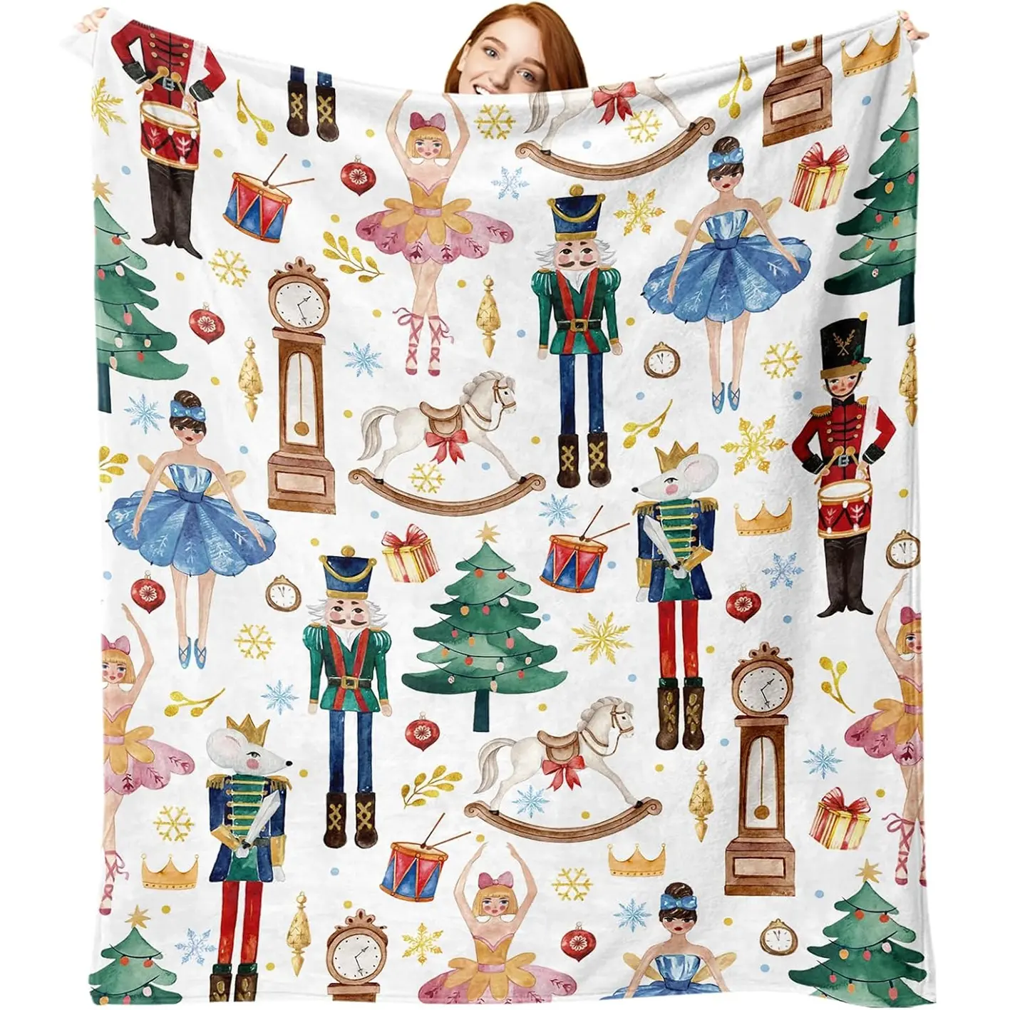 1pc This Christmas nutcracker flannel blanket features a cute Christmas tree, carousel, and clock pattern, making it a perfect birthday gift for adults. It's also a winter holiday soft blanket with gold snowflakes, suitable for sofa beds. Throw Blanket