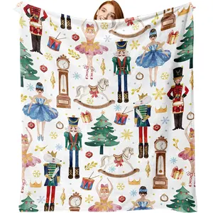 1pc This Christmas nutcracker flannel blanket features a cute Christmas tree, carousel, and clock pattern, making it a perfect birthday gift for adults. It's also a winter holiday soft blanket with gold snowflakes, suitable for sofa beds. Throw Blanket