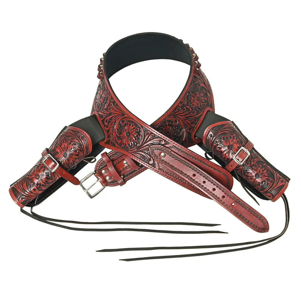 HILASON Double Caliber 44/45 Leather Cowboy Gun Rig Holster Mahogany | Costume Belt