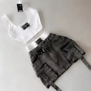 women 2 peice new fashion straps casual multiple pockets denim skirt  goth womens versatile strap streetwear  Womenswear sets Clothes Button Jeans Seamless Suits Gamis Fitted Short Sleeveless