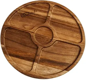 Mi Dutchi Versatility Board Wooden Divided Serving Tray 12" Acacia Chip and Dip Platter with Lid 5-Compartment Round Snack Board for Charcuterie Nuts Candy Tacos Veggies Appetizers Reusable Knife-Friendly Surface