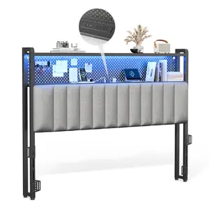 Karlhome Functional Queen Headboard with Built-in Pegboard, LED Strip & Power Outlet (Black/Light Grey/White/Green Chenille) Minimalist Platform Bed