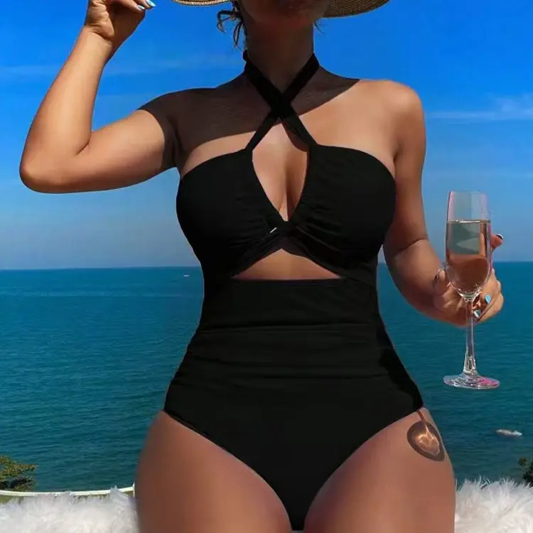 New High-Waisted Solid Color One-Piece Sexy Backless Tie-Neck Conservative Swimsuit for Women Elegant Beachwear pool beach  bottom bikini set Triangle Swimsuit swim back dot Women's suit trendy swimwear outfit cutout#Spring Glow Up#SpringStatement holiday