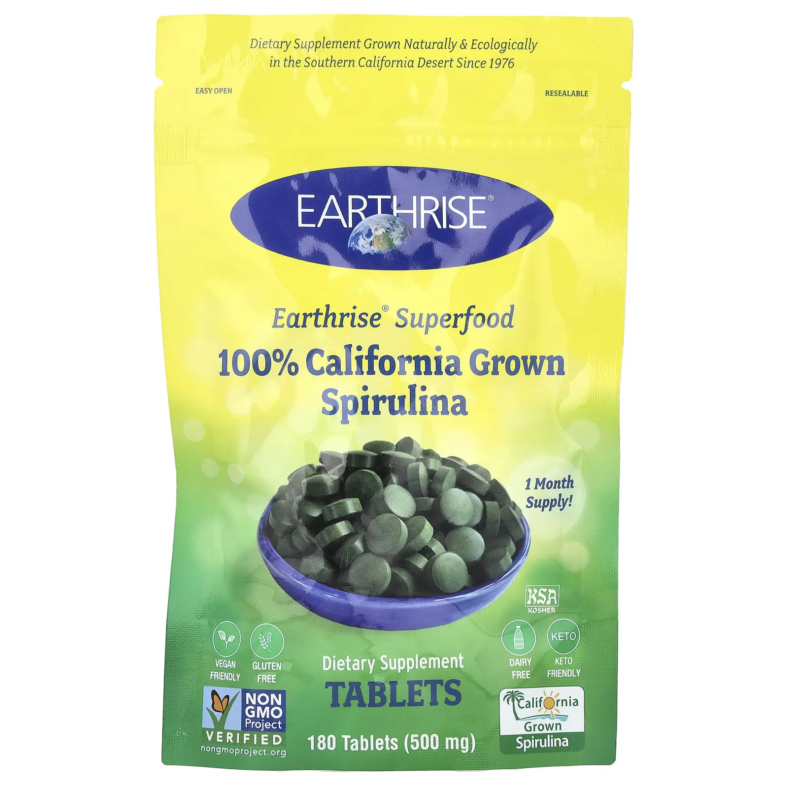 Earthrise 100% California Grown Spirulina, 500 mg, 180 Tablets