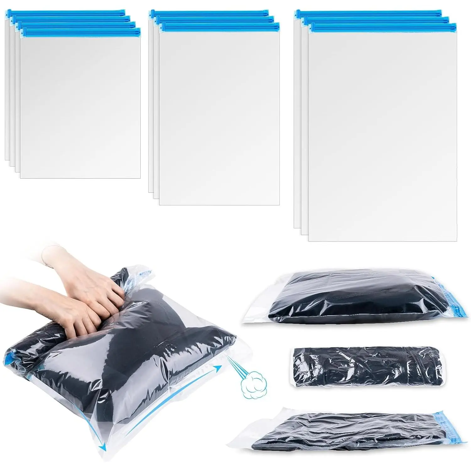 Compression Bags for Travel, 10 count Space Saver Bags, Hand Roll Vacuum Packing Bags for Travel, No Vacuum Needed, (3 Large, 3 Medium, 4 Small), Clothing, Luggage, Home Organizers Storage Bags