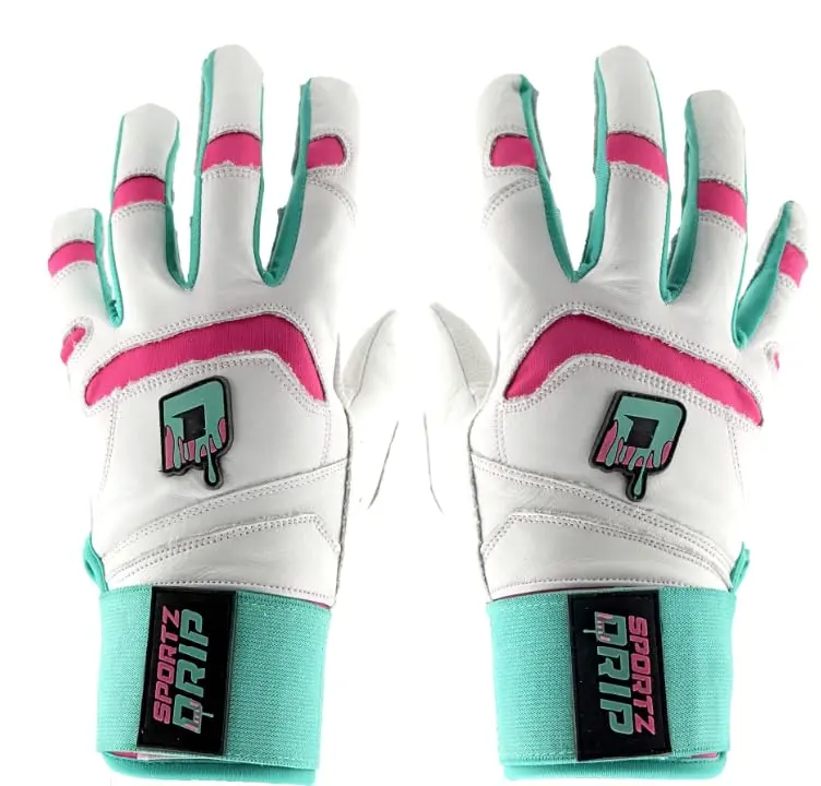Sportz Drip Batting Gloves, Youth to Adult Genuine Leather Baseball & Softball Equipment in White & Pink, Padded for Protection with a Modern Secure-Fit Cuff, Baseballequipment