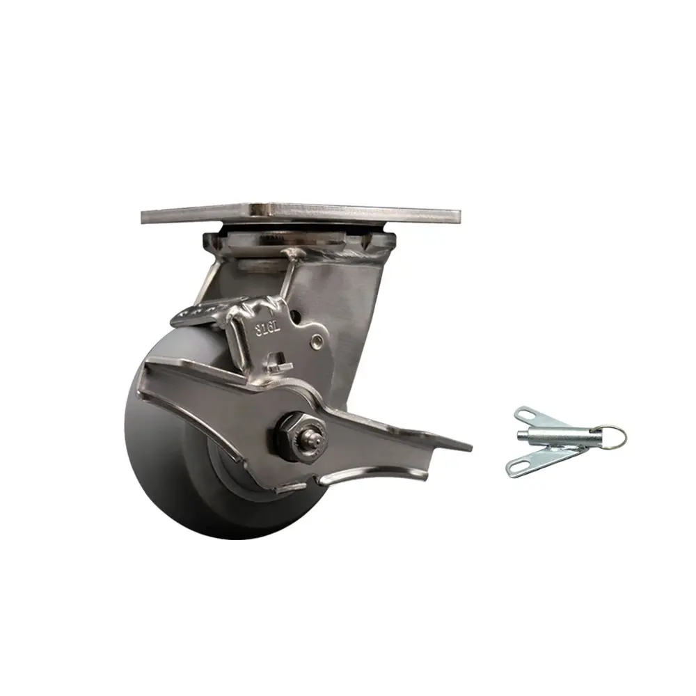 Service Caster SCC-SS31630S420-TPRDD-TLB-BSL 316 Stainless Steel Heavy Duty Swivel Top Plate Caster with Top Lock Brake & Bolt on Swivel Lock, Stainless Steel Castors, Top Mount Castors