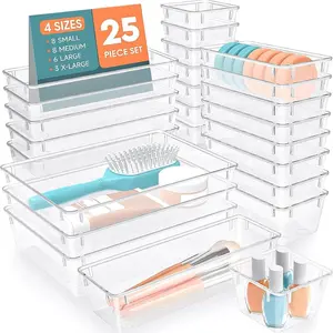 SpaceHacks 25 PCS Plastic Drawer Organizer Set, 4-Size Versatile Organizer Trays & Storage Bins for Makeup, Jewelry, and Gadgets in Bathroom, Bedroom and Office,Clear White