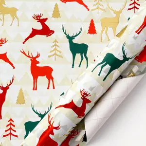 30" x 10' Holiday Wrapping Paper | Prancing Green/Red Reindeer festive gift-wrapping needs