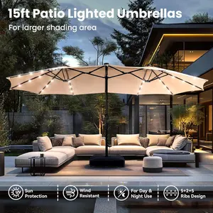 15ft Outdoor Double Sided Patio Umbrella With Base & Solar LED Lights Lighted, Patio Tables with Umbrella Hole, 10 Hours Of Lighting, Large Patio Umbrella With Crank Handle, Market Table Umbrella, Powerful UV Protective,  For Lawn Garden, Deck, Poolside