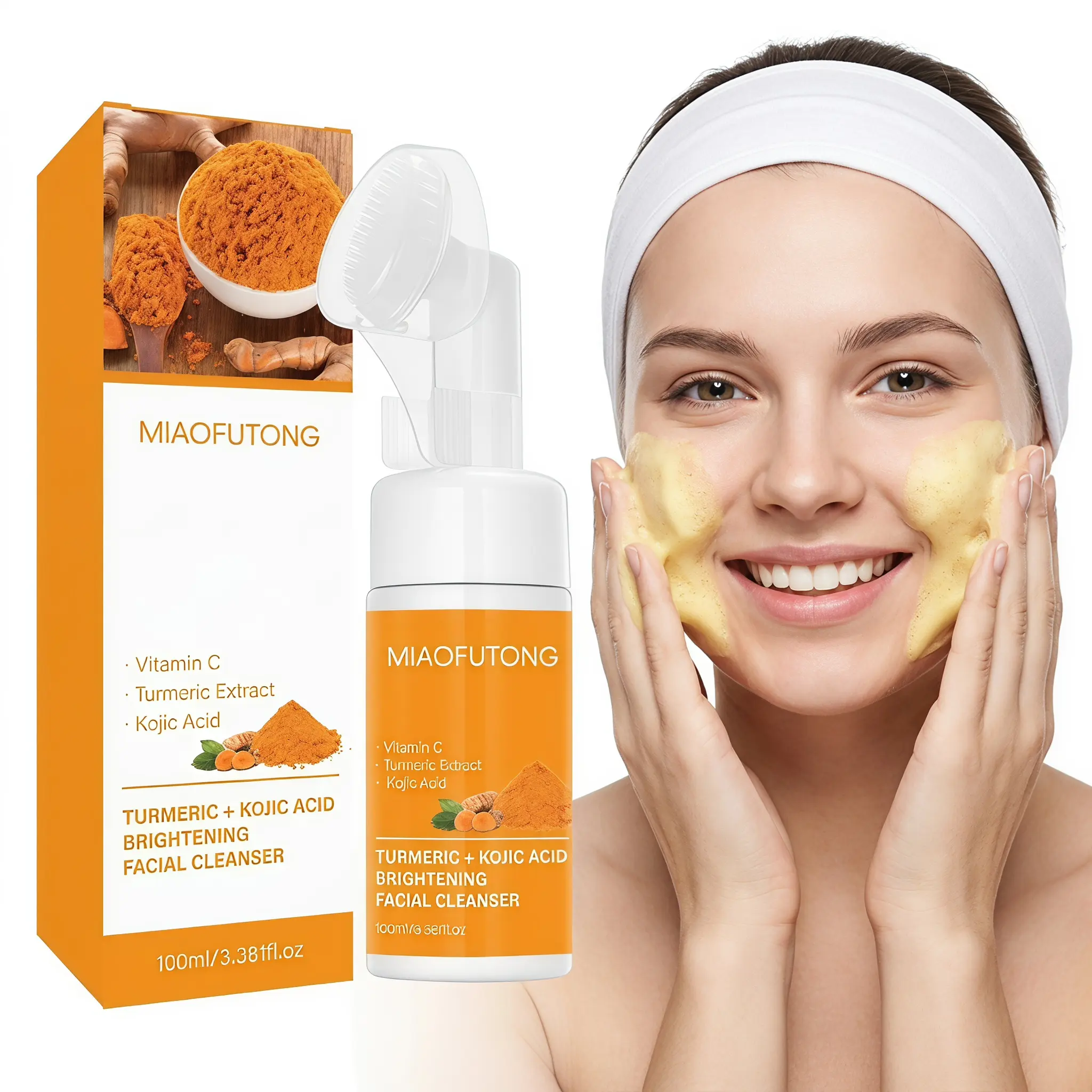 Foaming Cleansing Mousse with Turmeric & Kojic Acid, Brightening Daily Face & Hands Wash for Soft Skin, Deep Cleanse for Adults, Single Item, 100ml