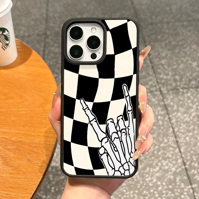 Magnetic TPU Protective Cellphone Case - Stylish, Lightweight Skeleton Hand Checkerboard Cover for iPhone 11-17 Pro Max, MagSafe Ready, Anti-Fall, Camera Protector, Everyday Mobile Accessory, Accessories