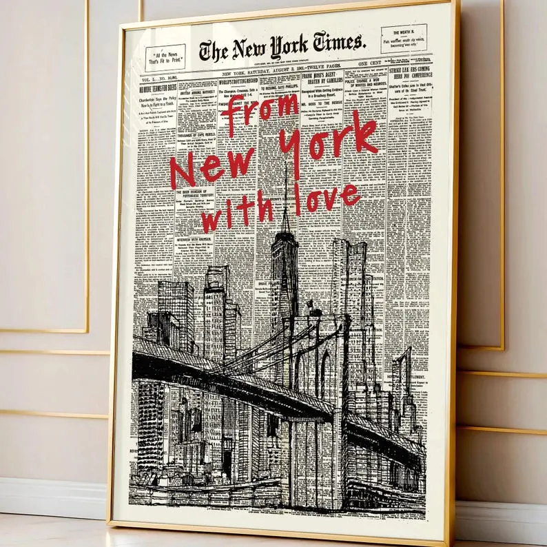 Vintage New York Skyline Poster, Newspaper Style Wall Art, Brooklyn Bridge Print, NYC Cityscape Decor, Urban Apartment Gift [UNFRAMED]
