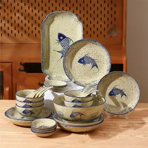18pcs Japanese Fish Design Tableware Set, Microwave & Oven Safe Ceramic Dinnerware, Pasta Bowls, Soup Cups, Salad Plates, Home Kitchen Essential