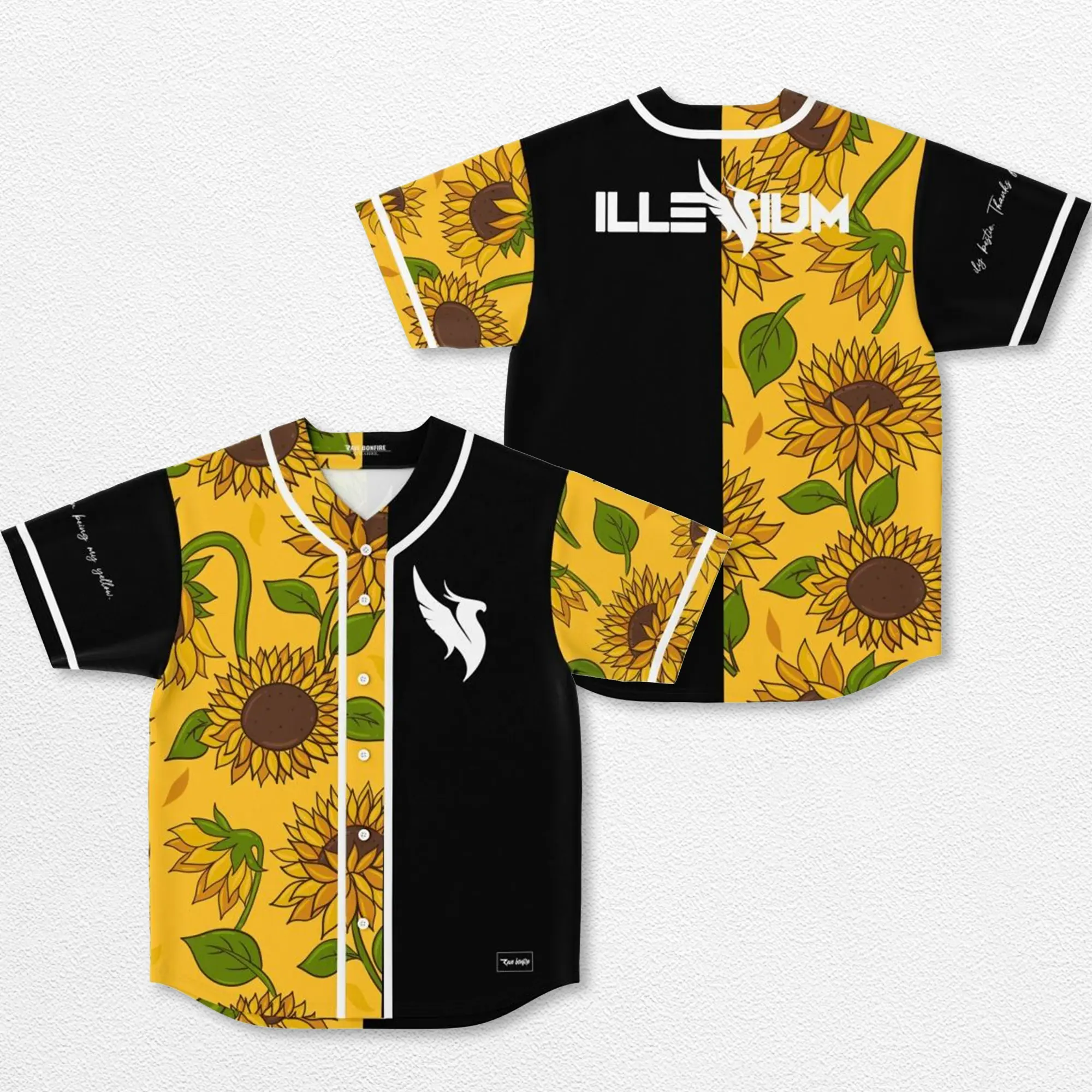 Illenium Baseball Jersey, Yellow Sunflower Phoenix Logo Shirt, Melodic Basshead EDM Merch, Trilogy Ember Shores EDC Festival Outfit, Split Floral Graphic Button Down Top, Illenials Music Lover Bestie Gift Unisex Rave Apparel