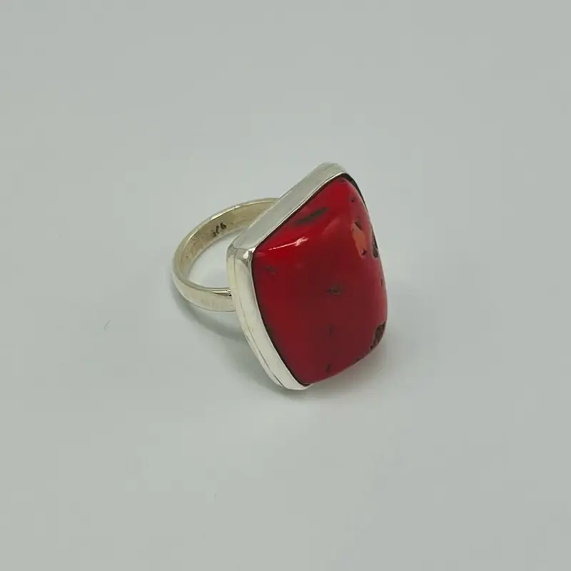 925 Sterling Silver Natural Red Coral Ring, Size 8