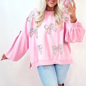 Pink Embroidered Bow Lantern Sleeve Oversized Pullover Women Sweatshirt for Valentine's Day Womenswear Hoodie