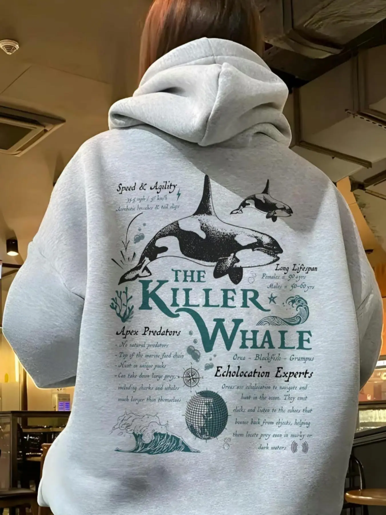 Women's Orca Whale & Letter Print Hoodie, Casual Fashion Long Sleeve Hooded Sweatshirt for Fall & Winter, Women's Clothes for Everyday Wear