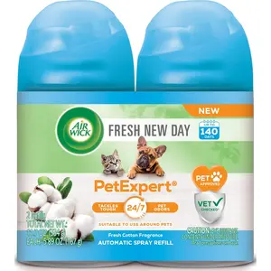 Air Wick Automatic Spray Fresh New Day, 2Ct, Pet Fresh Cotton, Air Freshener, Essential Oils, Odor Neutralization Reckitt Benckiser