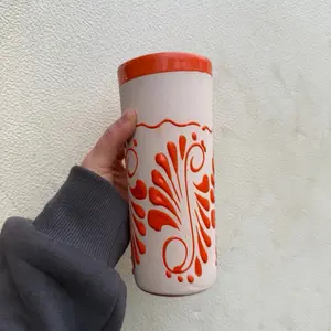 Orange Cielito Lindo Ceramic Jarrito Cup - Reusable Clay Design, Ideal for Coffee Drinking - Reuse, Drinkware, Washable Traditional Ceramic, Handmade & Decorated, Lead Free, Keeps Hot/Warm, 14oz Capacity - Tumbler Mexican mug ceramic mug