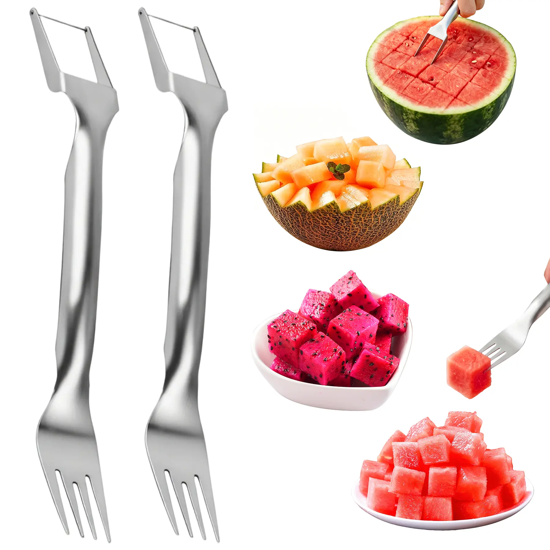 2 Pack Watermelon Slicer & Fork, 2-in-1 Stainless Steel Fruit Cutter for Watermelon Easy Cubes, No Mess at Home, Picnics, Camping
