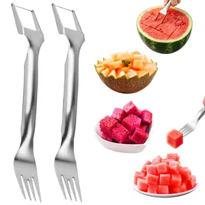 2 Pack Watermelon Slicer & Fork, 2-in-1 Stainless Steel Fruit Cutter for Watermelon Easy Cubes, No Mess at Home, Picnics, Camping