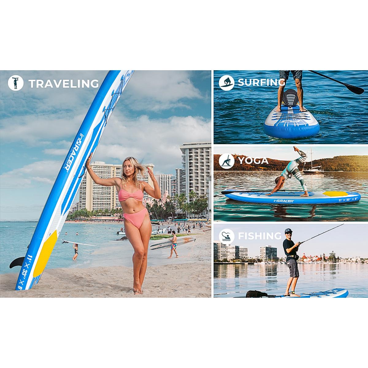 Aobtkel inQracer 11' Unisex Inflatable SUP Stand Up Paddle Board, 33" Width, 300lb Capacity, Military PVC Drop Stitch, 6 D-Rings Cargo System, Adjustable Aluminum Paddle, Hand Pump, Backpack for Adults, Lake/Ocean/Surf Water Sports Gift