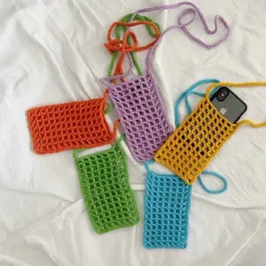 Bag Phone Crochet - Colorful Handmade Crocheted Pouches with Attached Straps for Phones in Orange Purple Green Yellow and Blue