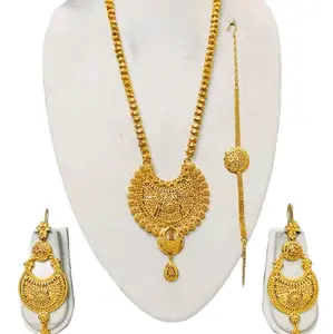 Elegant Gold-plated long Filigree Necklace Set with Matching Earrings and Bracelet for Women