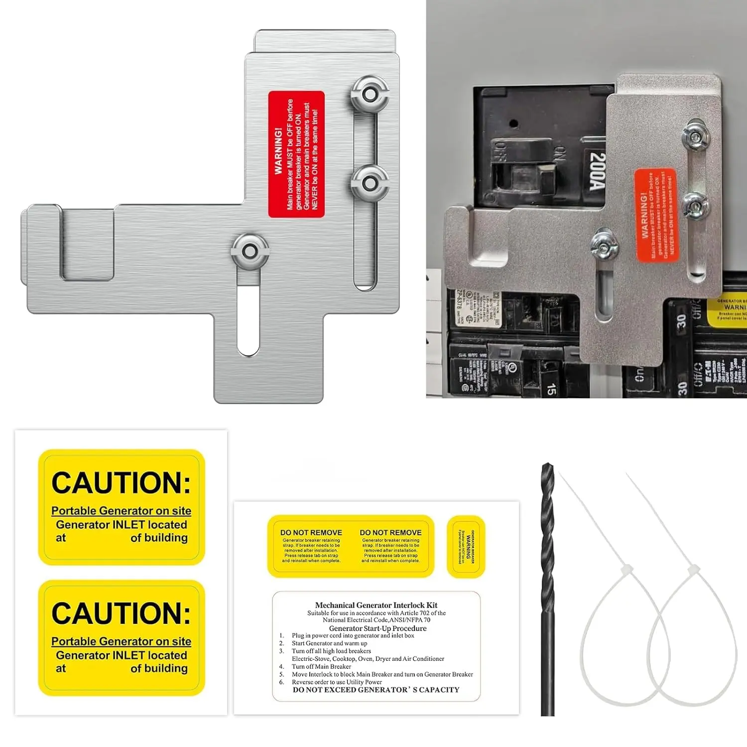 Generator Interlock Kit Compatible with Siemens or  150 and 200 amp Panels, Generator Horizontal Electrical Interlock Kit, 7/8-1 1/4" inches Spacing Between Main and N Breaker
