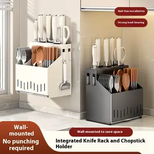 Wall-Mounted Knife Rack Chopsticks Spoon Knife Storage Rack Integrated Kitchen Utensil Organizer Multi-Functional Knife Rack