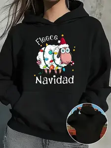 A Christmas cartoon sheep and kangaroo pocket hoodie, a comfortable and casual long-sleeved hooded sweatshirt, a women's sweatshirt, a perfect holiday gift for friends, and an ideal choice for autumn and winter.