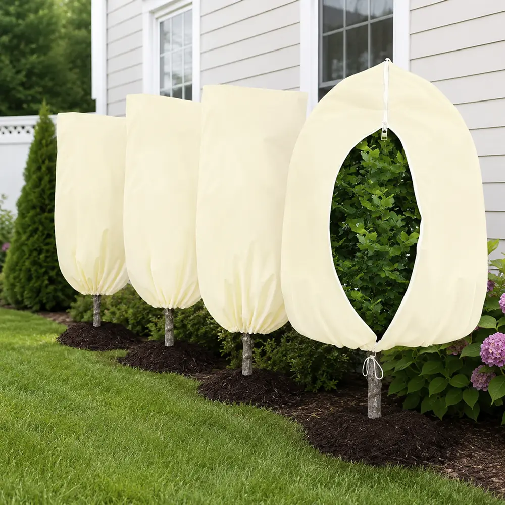 4 Pack Plant Covers Freeze Protection, 32 x 48 Inch Round Frost Blankets with Zipper and Drawstring for Outdoor Trees Shrubs Flowers and Potted Plants