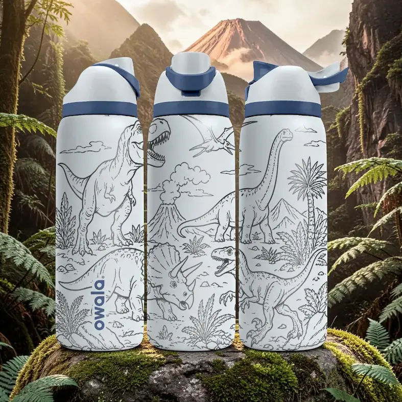 Owala FreeSip 32oz Dinosaur Engraved Water Bottle | Prehistoric Animal Pattern Stainless Steel Insulated Travel Bottle | Custom Laser Engraved Drinkware with Straw Lid