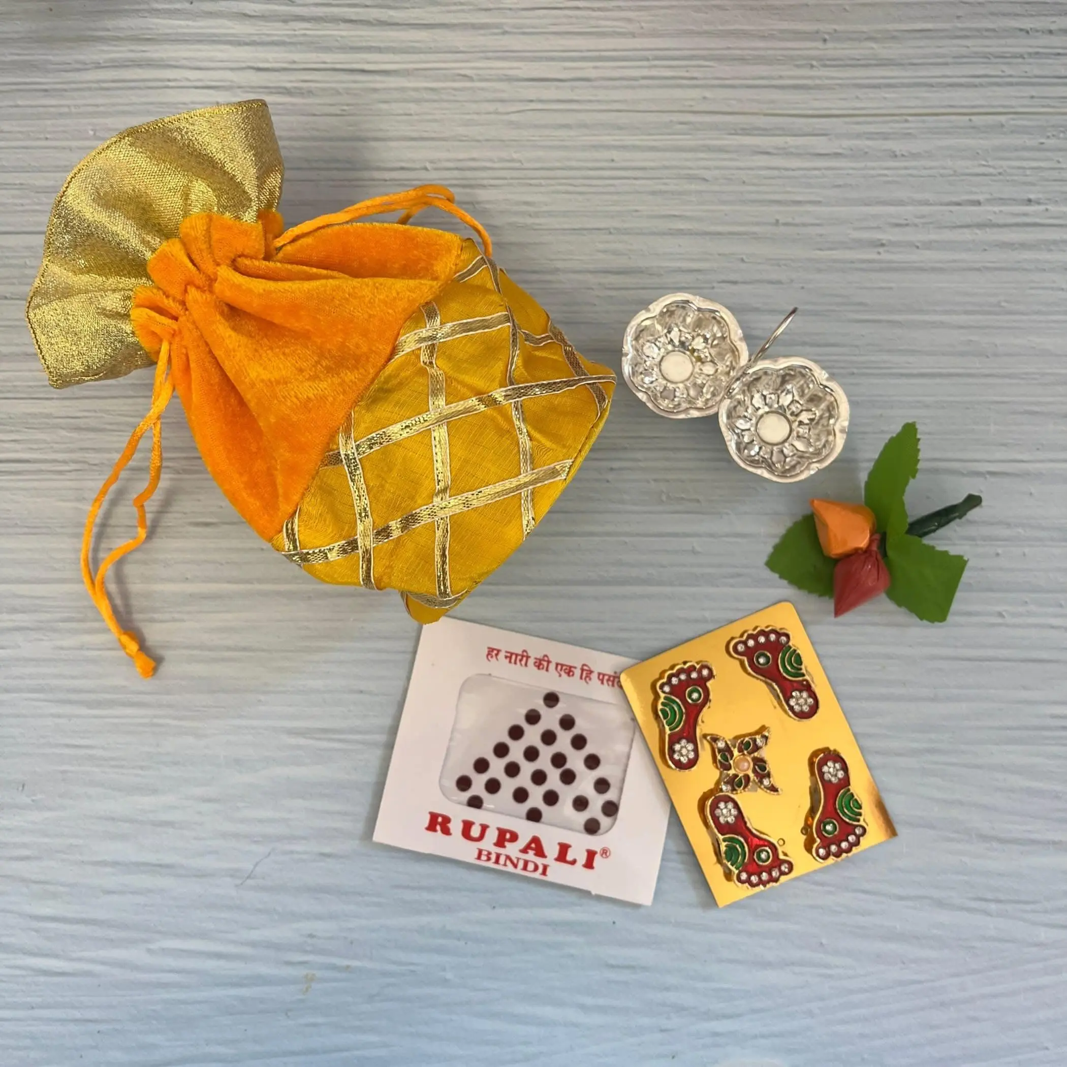 Sacred Varalakshmi Vratham Gift Set | Velvet Potli Bags, Haldi Kumkum, Lakshmi Feet | Perfect for Navaratri, Pooja, Housewarming