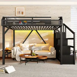 Full Loft Bed with Storage Stairs Shelves & Built-in Wardrobe Metal Frame USB Ports LED Lights Noise-reduced Design Black Woodgrain